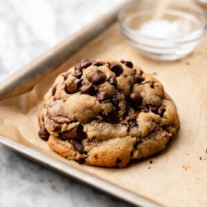 chocolate chip cookie on baking sheet