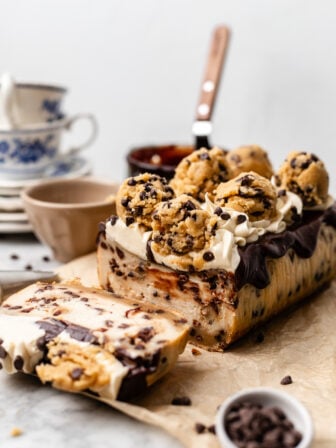 sliced vegan cookie dough cheesecake