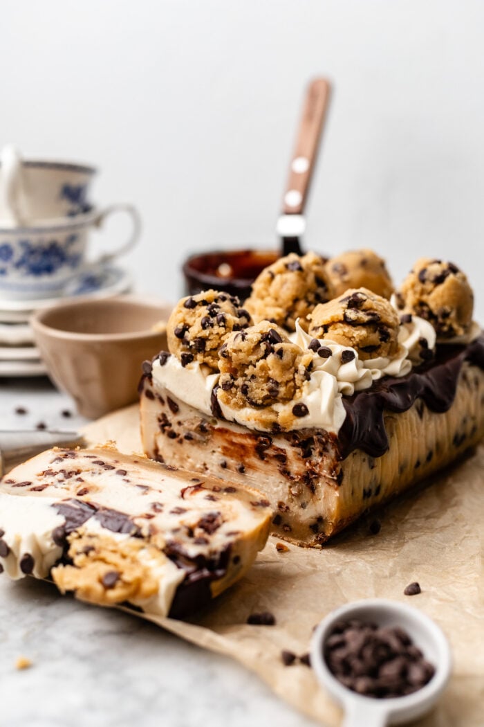 sliced vegan cookie dough cheesecake