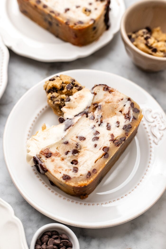 slice of vegan cookie dough cheesecake in small batch form