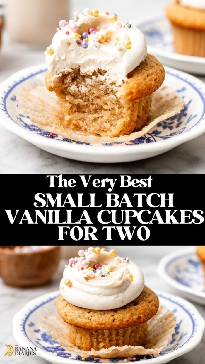 Small Batch MOIST Vanilla Cupcakes for Two - No eggs, no dairy! pinterest pin