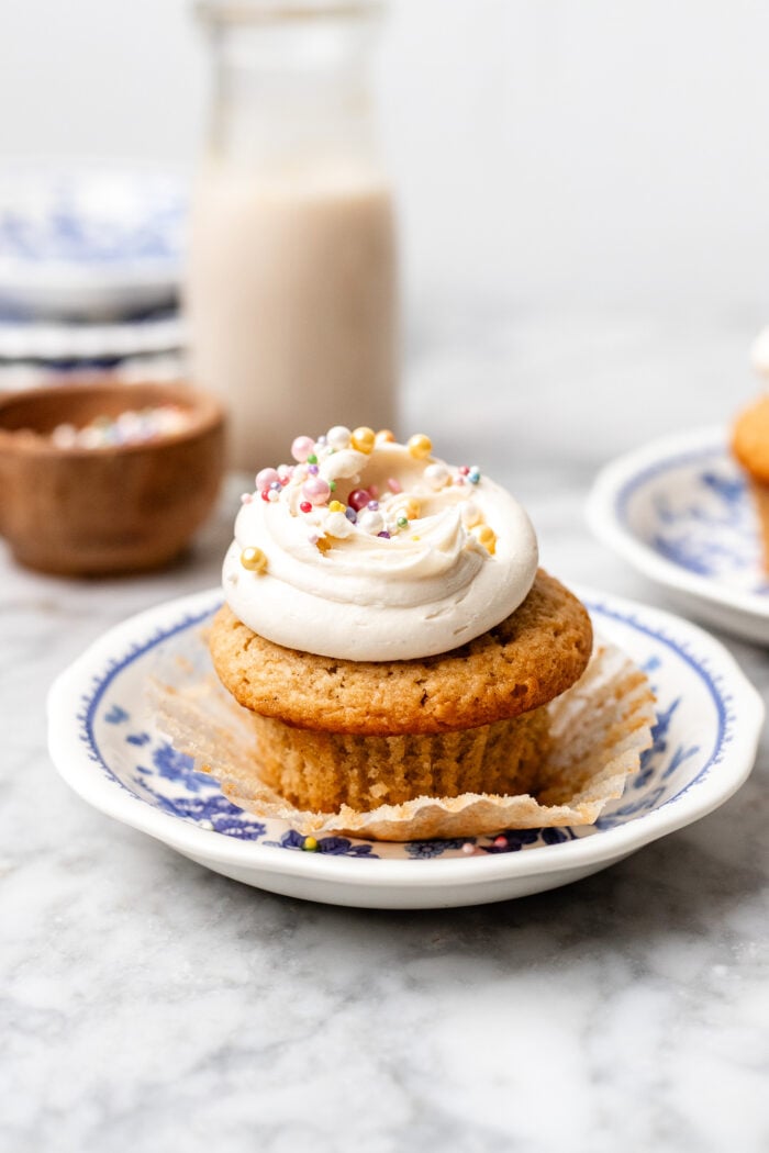 cupcake liner peeled off of the vegan vanilla cupcake