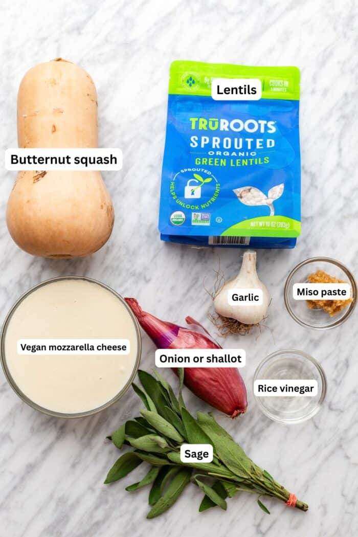 Top-down view of ingredients on a marble surface: butternut squash, vegan mozzarella cheese, sage leaves, onion or shallot, garlic, miso paste, rice vinegar, and a bag of sprouted green lentils. Each item is labeled—perfect inspiration for your next stuffed butternut squash recipe.