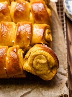 pulled apart sweet potato Parker house roll