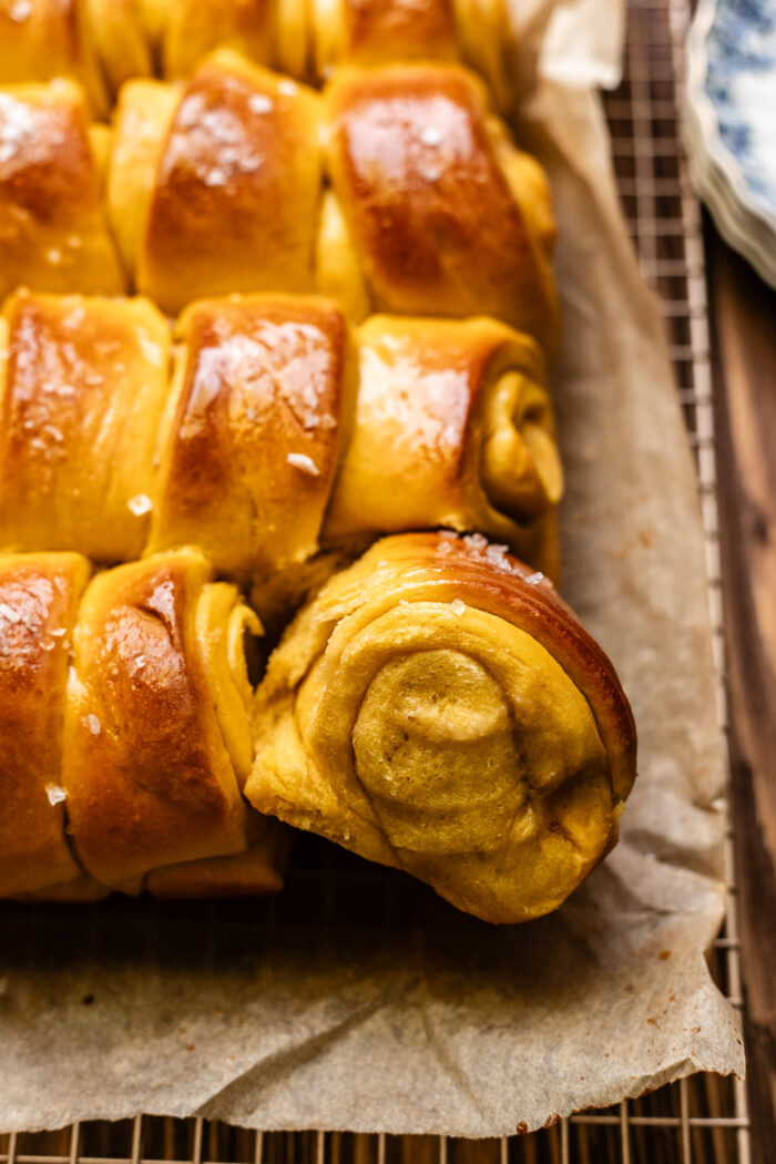 pulled apart sweet potato Parker house roll