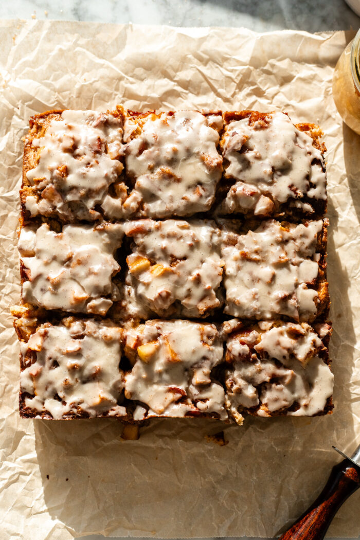sliced vegan apple fritter cake