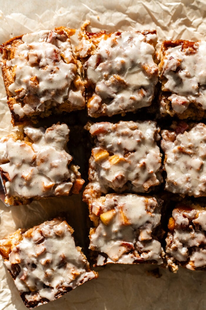 sliced vegan apple fritter cake