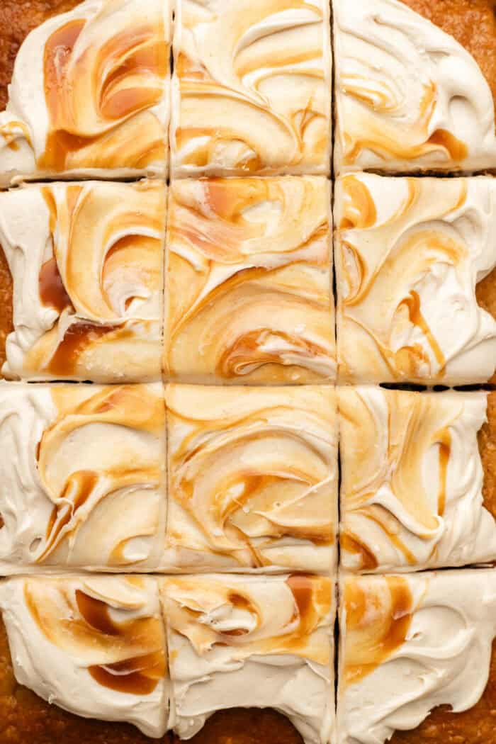 sliced apple spice cake into square slices.