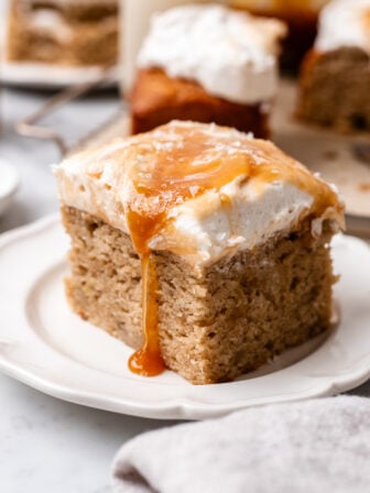 slice of vegan salted caramel banana cake