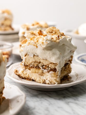 slice of vegan banana pudding on a plate