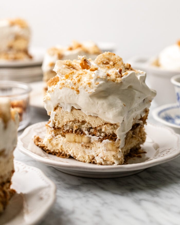 slice of vegan banana pudding on a plate