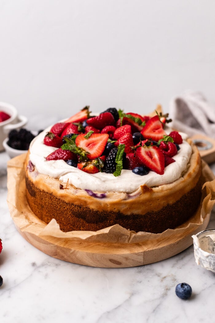 assembled chantilly cheesecake on a board