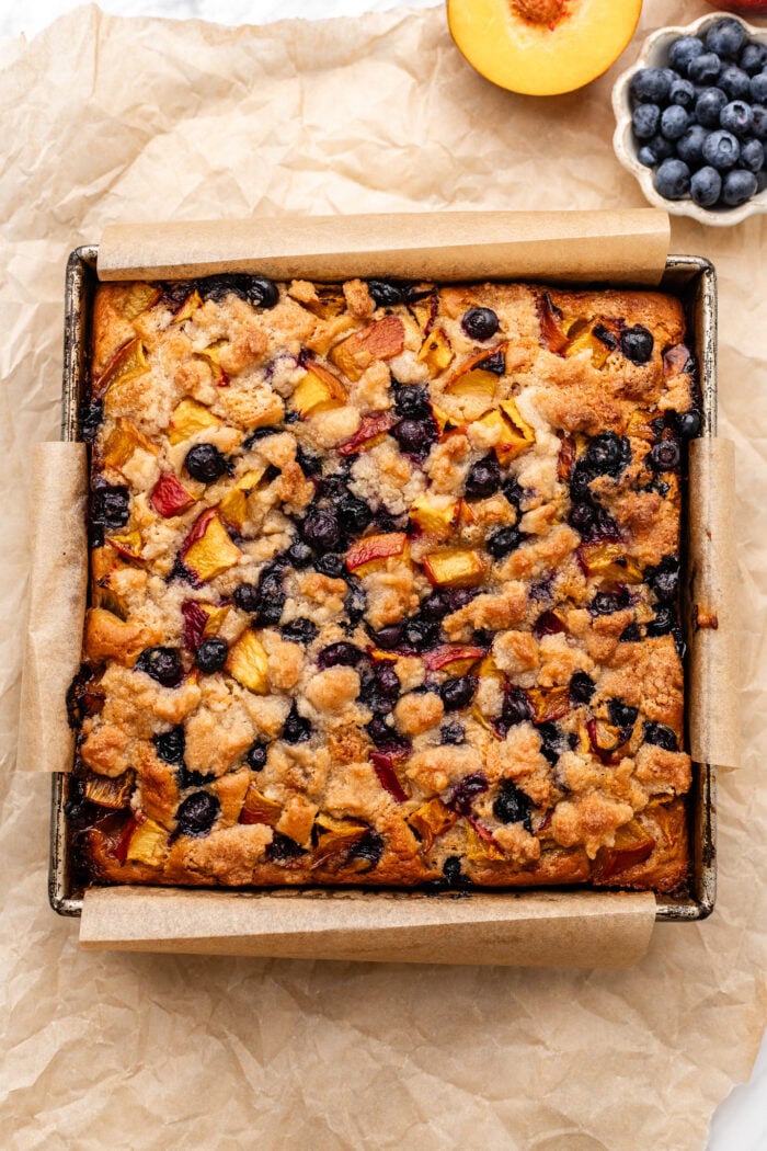 baked blueberry peach fritter cake