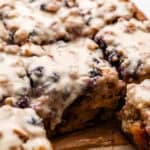 sliced blueberry peach fritter cake