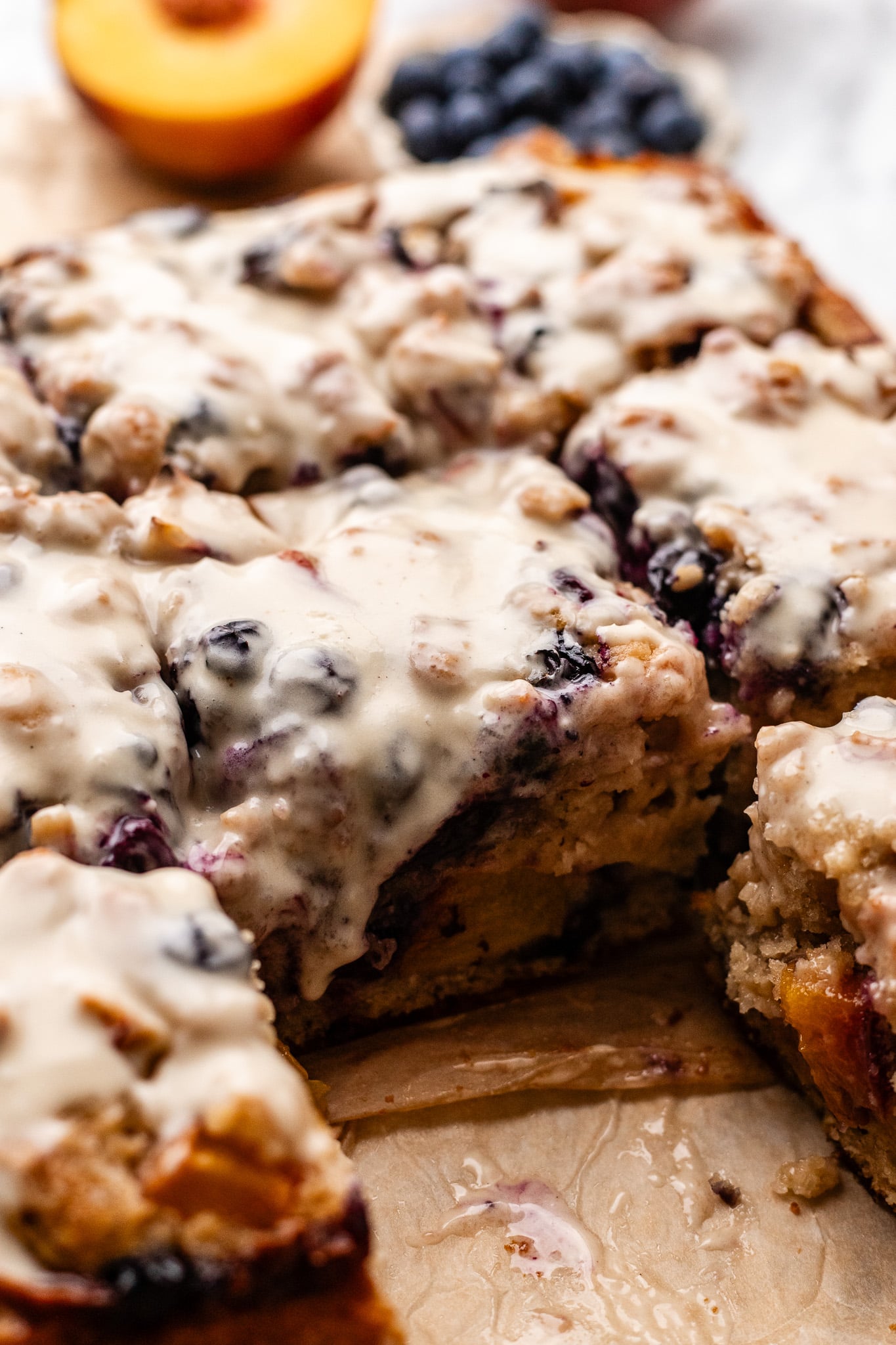 Moist Brown Sugar Blueberry Peach Fritter Cake - Vegan!