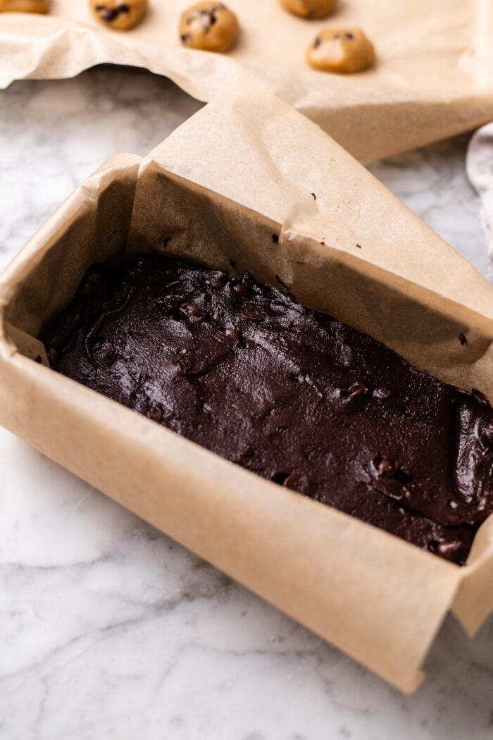 brownie batter assembling for Basque cheesecake 