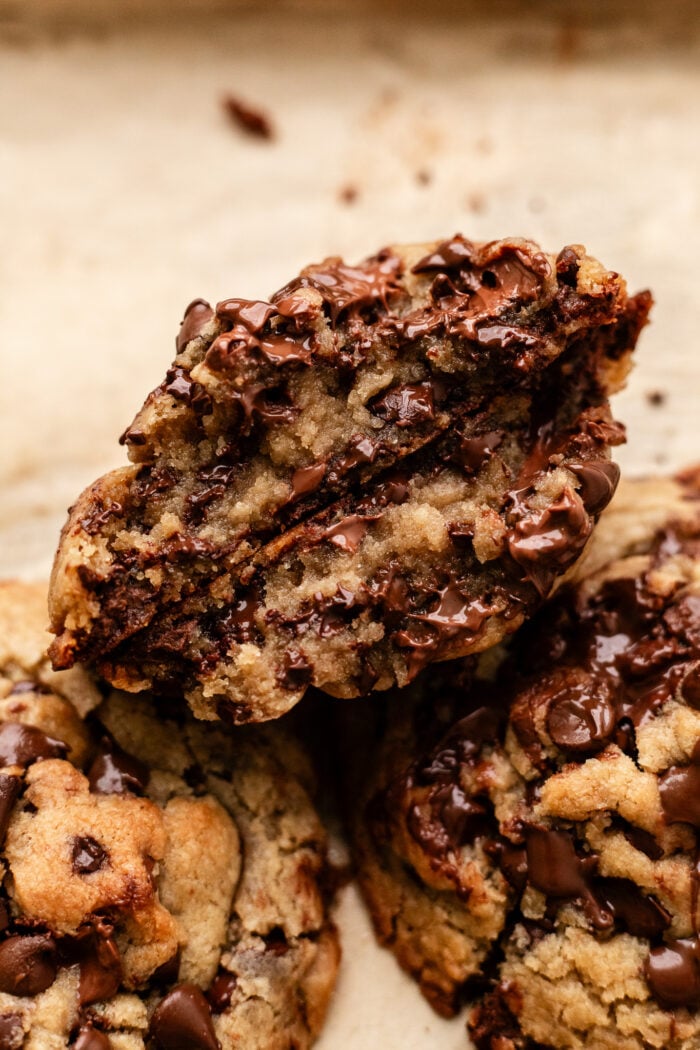 broken open vegan brown butter chocolate chip cookie