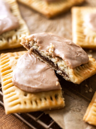 sliced vegan brown sugar cinnamon pop tart on parchment paper