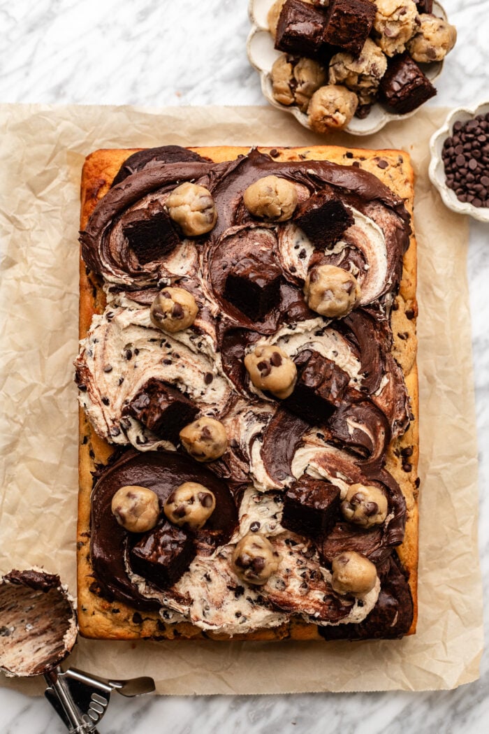 frosted brownie cookie dough cake