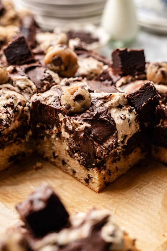 sliced brownie cookie dough cake