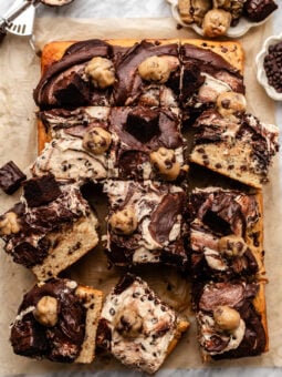 sliced brownie cookie dough sheet cake