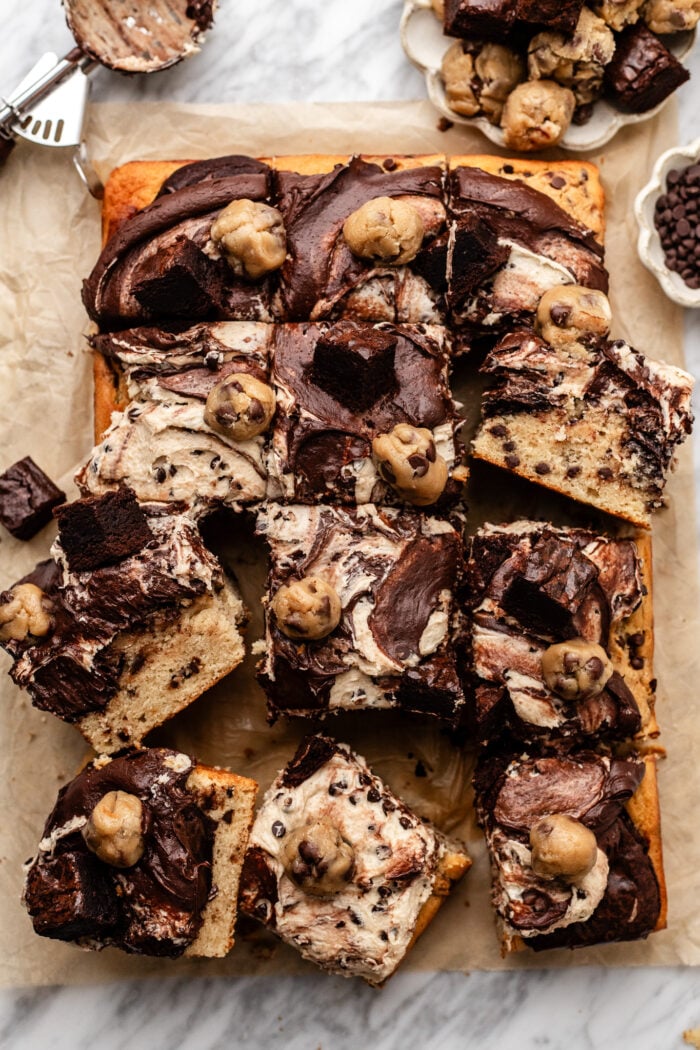 sliced brownie cookie dough sheet cake
