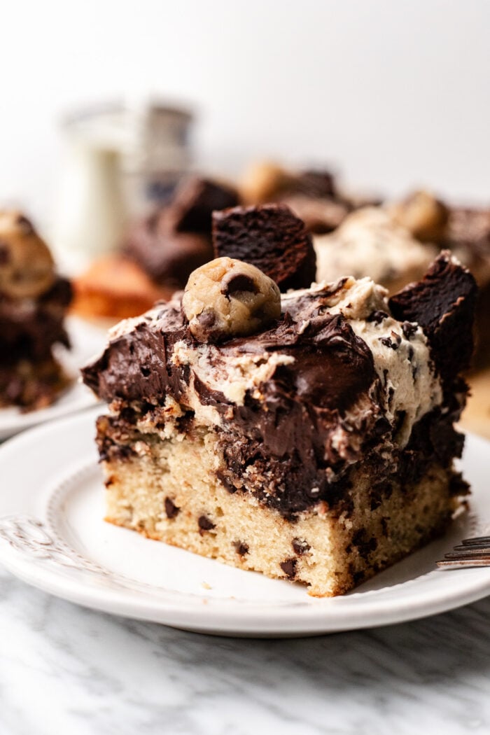 slice of brookie cake on a plate