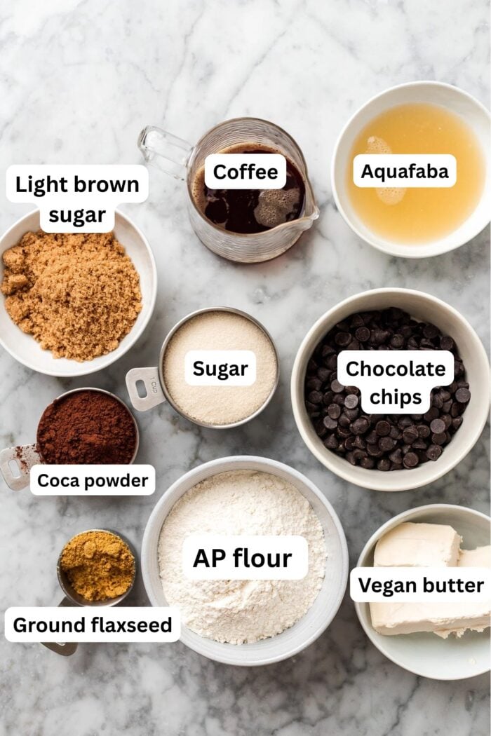 vegan brownie ingredients on a marble slab.
