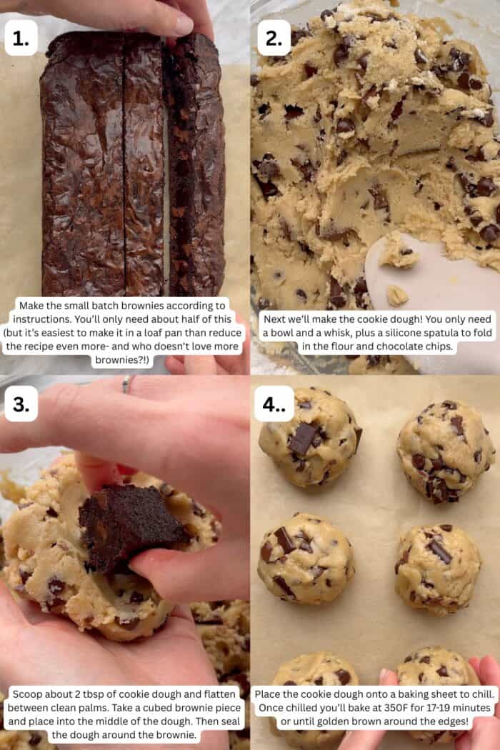 step by step of how to make the brownie stuffed cookies.