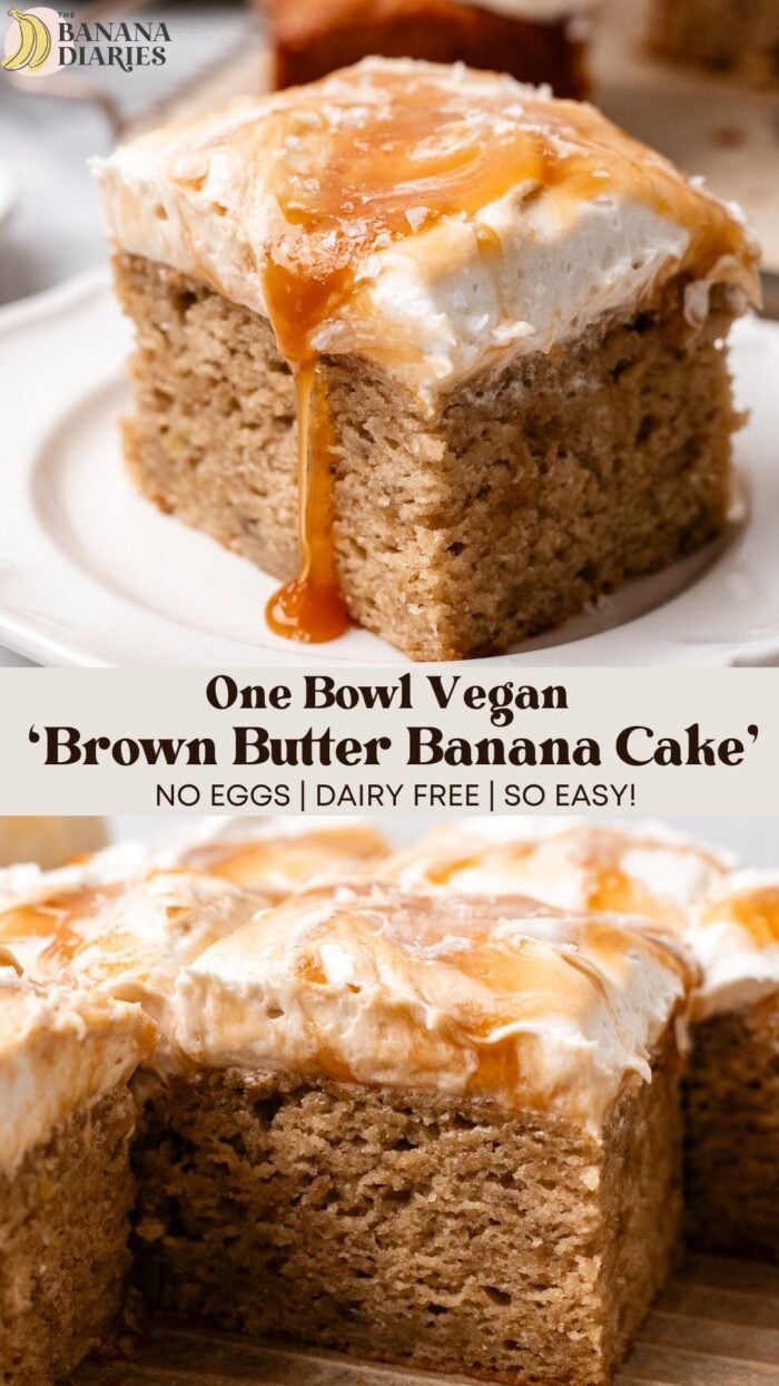 One Bowl 'Brown Butter' Vegan Banana Cake with Salted Caramel Cream Cheese Frosting pinterest pin