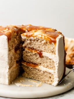 sliced vegan caramel cake