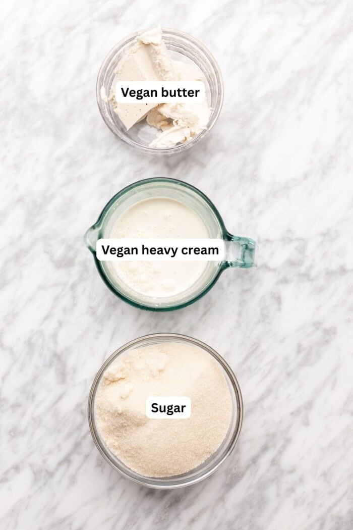 vegan caramel ingredients on a marble table.