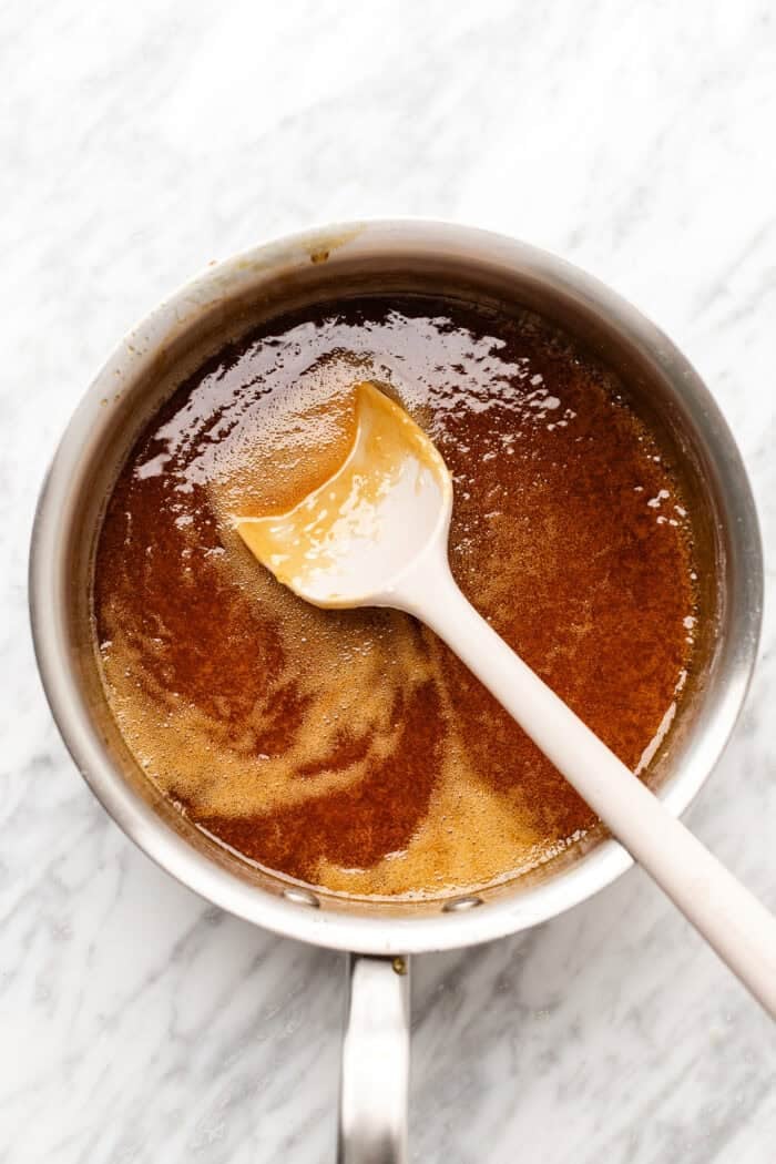 letting the caramel cool to thicken after stirring in the vegan heavy cream.