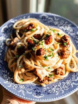 plate of vegan carbonara pasta
