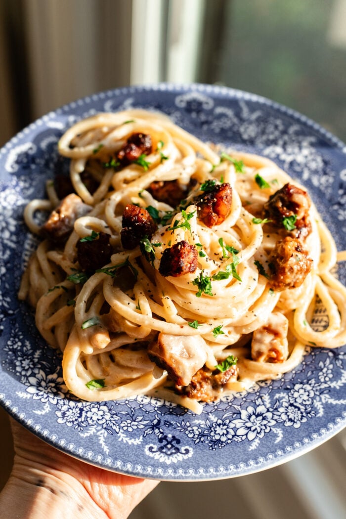 plate of vegan carbonara pasta
