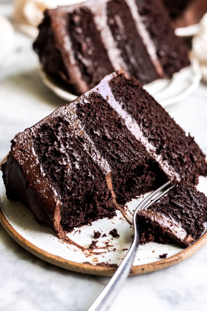 sliced vegan chocolate cake on a plate