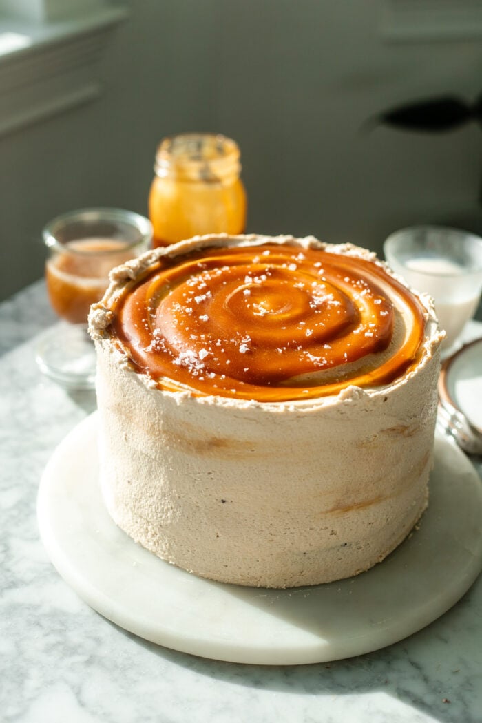 frosted vegan chocolate caramel cake