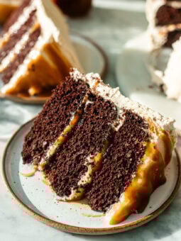 slice of vegan chocolate caramel cake