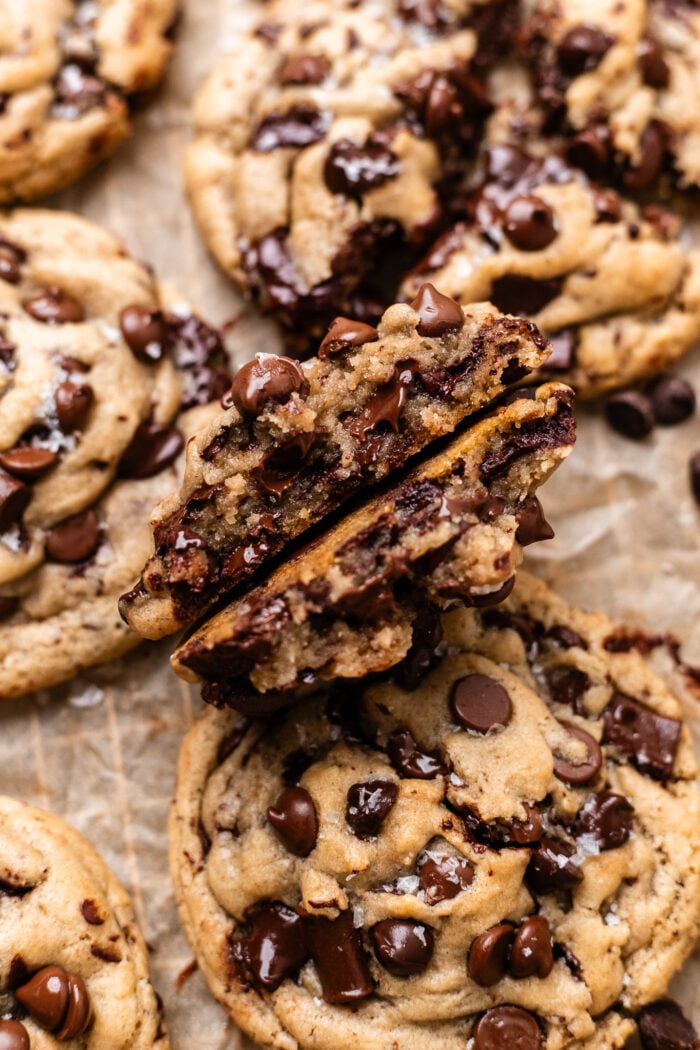 vegan chocolate chip cookies broken in half