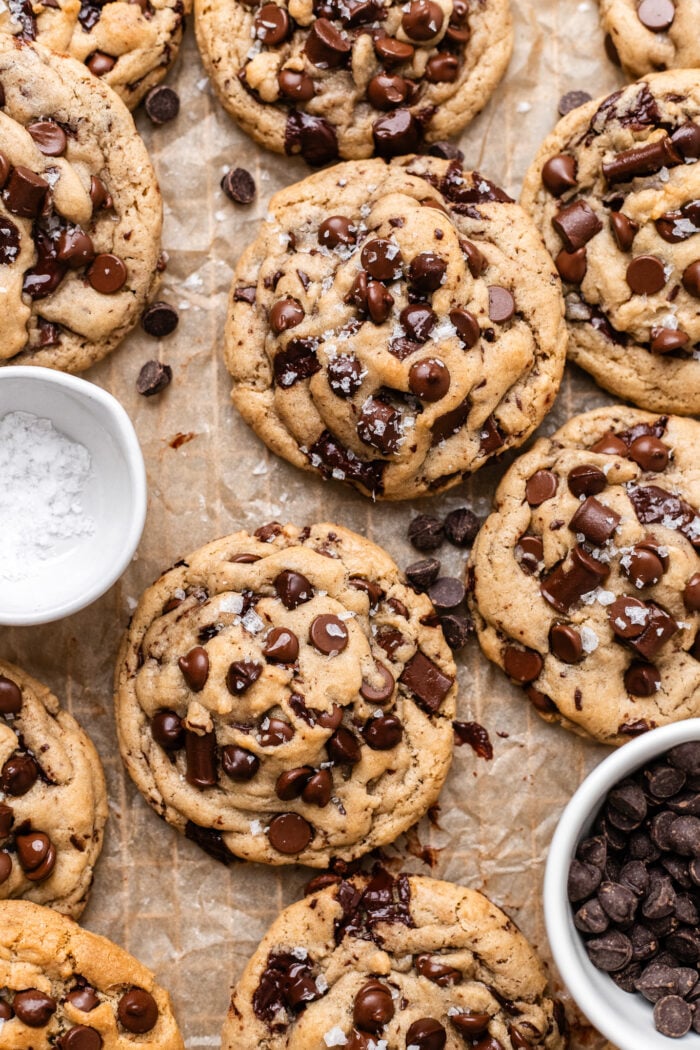 chocolate chip cookies on parchment paper