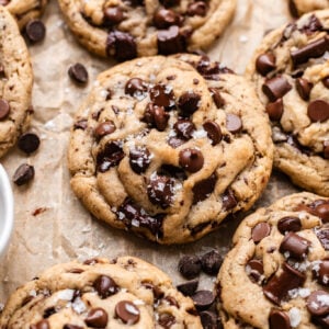 vegan chocolate chip cookies on parchment paper