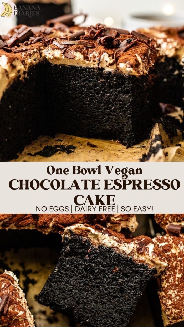 One Bowl Chocolate Espresso Cake - No Eggs, Dairy Free! pinterest pin