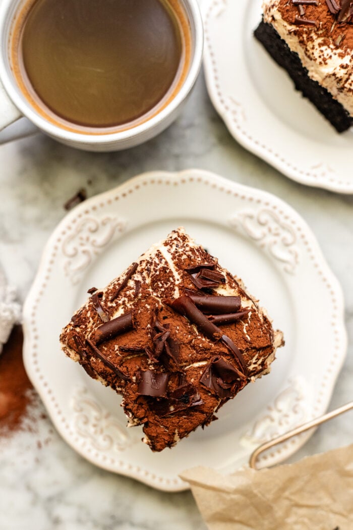 slice of chocolate espresso cake on a plate