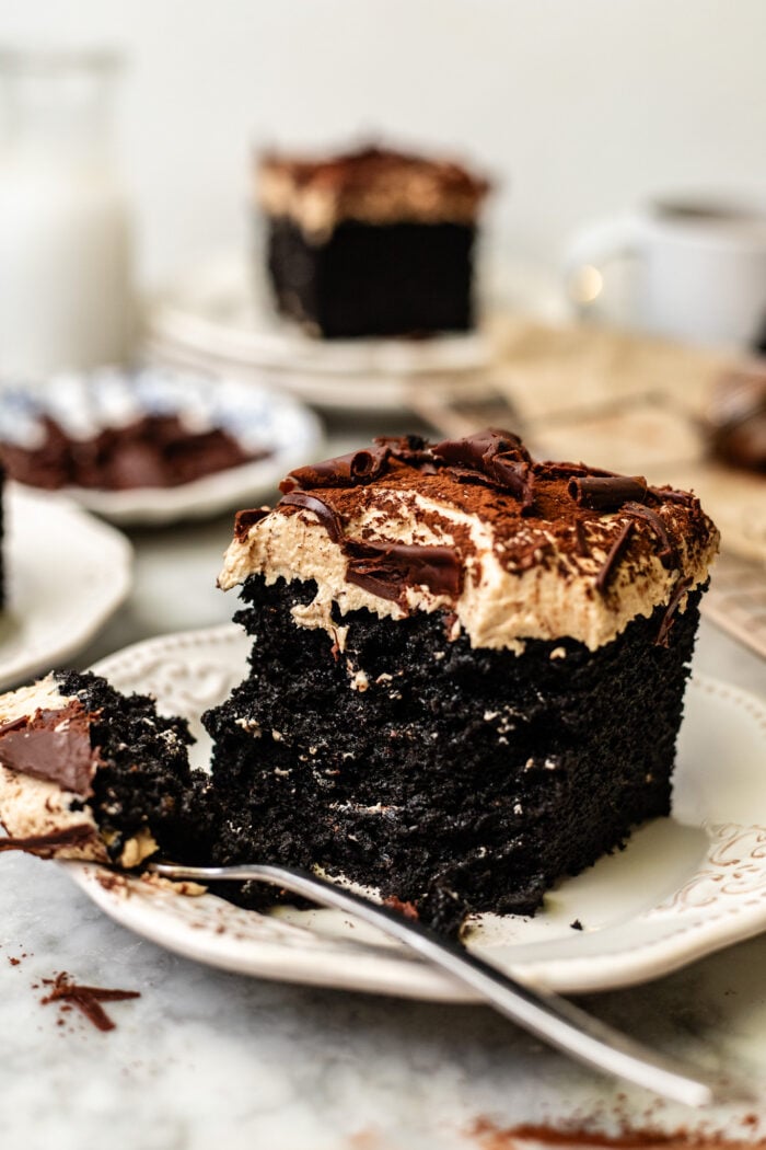 bitten slice of chocolate espresso cake