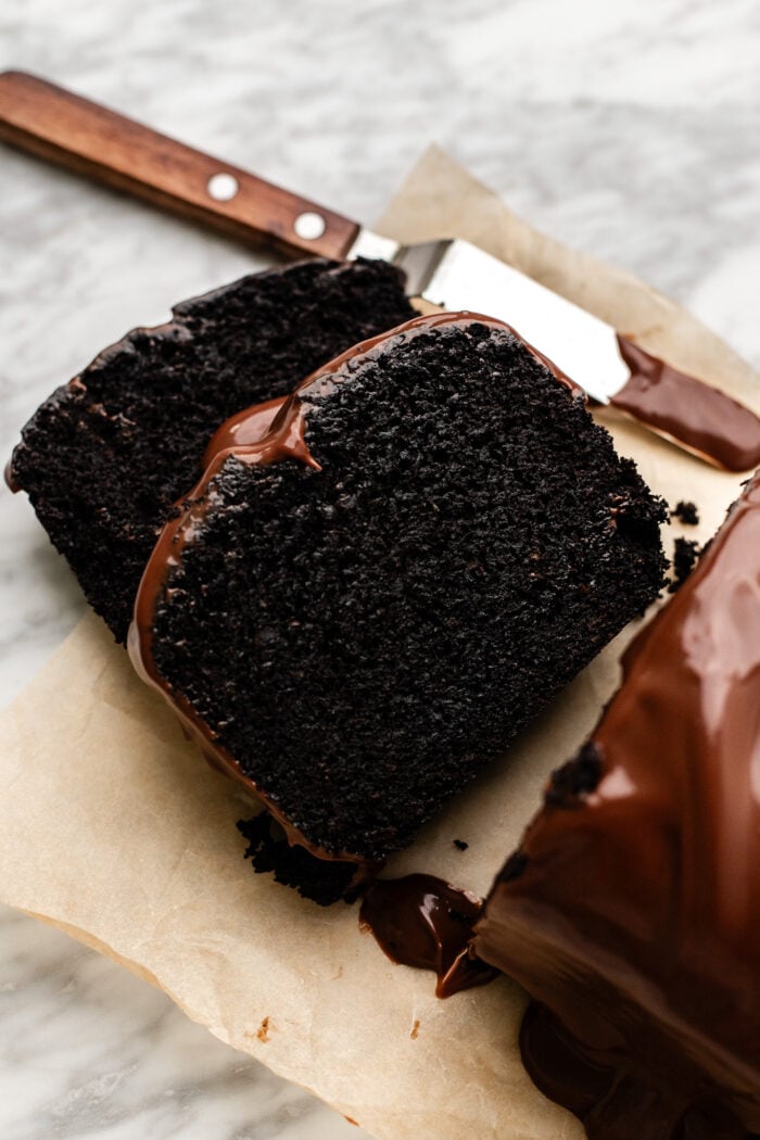 slices of vegan chocolate pound cake
