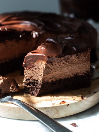 bitten slice of vegan chocolate mousse cake