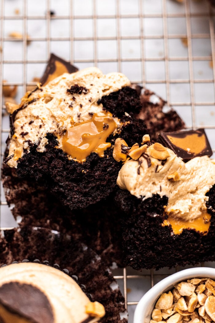 sliced open chocolate peanut butter cupcake 