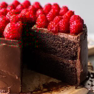 sliced chocolate raspberry cake