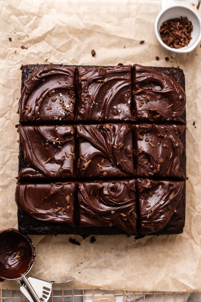 sliced vegan chocolate ganache frosted zucchini cake