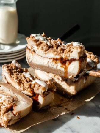 sliced vegan coffee cake cheesecake